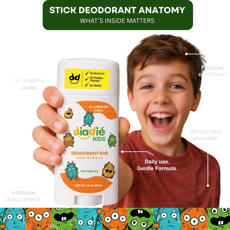 Diadié Kids Natural Deodorant Stick, for Boys & Girls, Aluminum-Free, Safe, Stick, 2.1oz each. 2 Pack