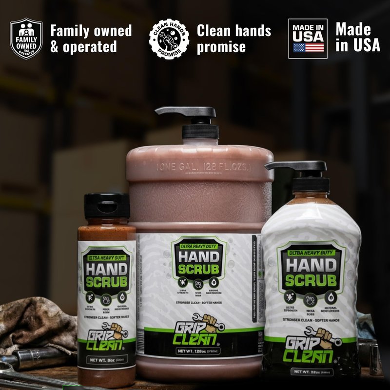 Grip Clean Heavy Duty Hand Cleaner for Mechanics – Natural Pumice & Clay-Infused Technology Removes Grease, Oil & Grime – Moisturizing Liquid Hand Soap for Shop, Garage & Industrial Use – 32oz