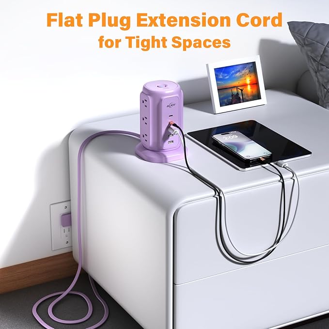 AiJoy Flat Plug Power Strip Tower with 9 AC Outlets and 5 USB Ports