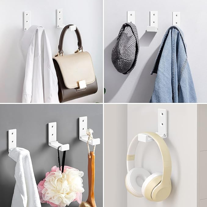 SPLAYTAP Folding Coat Hooks, 5pcs White Wall Hooks Heavy Duty for Hanging Coat Towel Backpack, Foldable Adhesive Hooks, Headphone Jacket Holder, Aluminum Alloy Hook with Screws for Purse Hat Bag Keys