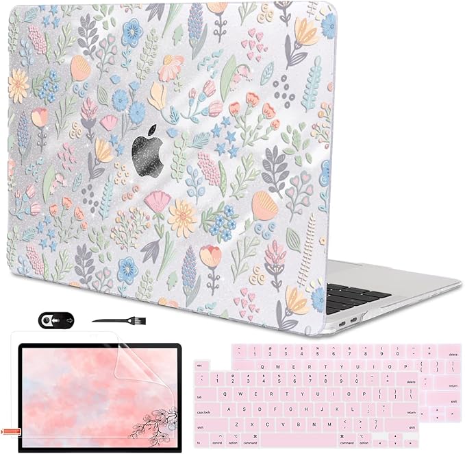 LCMOCICO for MacBook Pro 13 inch Case 2022 2021 2020-2016 Release M2 M1 Chip A2338 A2251 A2289 A2159 A1989 A1706, Shiny Pattern Plastic Hard Shell Case Keyboard Cover Screen Film, Starry Sky Flowers