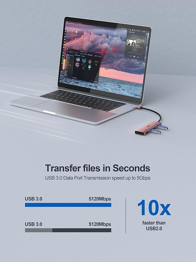 USB 3.0 Hub, 4 Port USB Hub Splitter, USB A Expander Portable USB Adapter Multiport Data Hub for Laptop, iMac Pro, MacBook Air, Mac mini/Pro, Surface Pro, USB Flash Drives, and Mobile HDD-Pink
