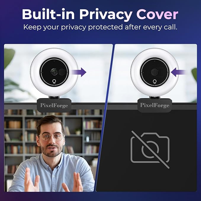 PixelForge 4K Webcam for PC with Microphone & Light & Privacy Cover, Web Camera for Desktop Computer/Laptop/Monitor/Mac, 4K UHD Sony Sensor, PDAF Auto Focus, Dual AI Noise-Cancelling Mics, USB Camera