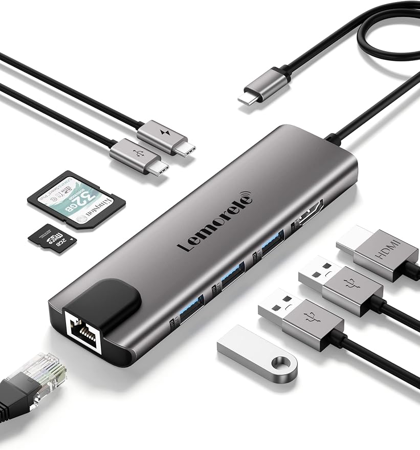 Lemorele USB C Hub Multiport Adapter 9 in 1 w/Gigabit Ethernet, 100W PD, HDMI 4K, 3 USB 2.0, 5Gbps USB C Data Port, SD/TF Card Reader, Dongle Docking Station for MacBook Lenovo HP Dell Laptops