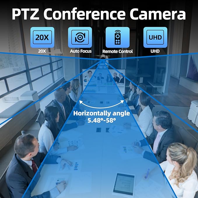 Vunvooker 4K Conference Room Camera,PTZ Camera 20X Optical Zoom with IP/USB3.0/HDMI/RS232/RS485 for IP Live Streaming Video Conference and Church Education