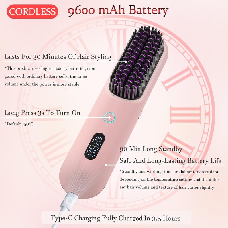 Cordless Hair Straightener Brush - Portable Styling Comb with 9600mAh Battery | 9 Temp Settings, Anti-Scald, Travel-Friendly