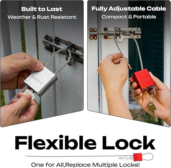 BOZZYS Cable Lock with 3 Keys | L 3.28ft(1m),D 1/6in(4mm) Adjustable Steel Cable Padlock | Aluminum Locks for Bikes, Gate, Lockers & Outdoor Gear | Weatherproof & Red