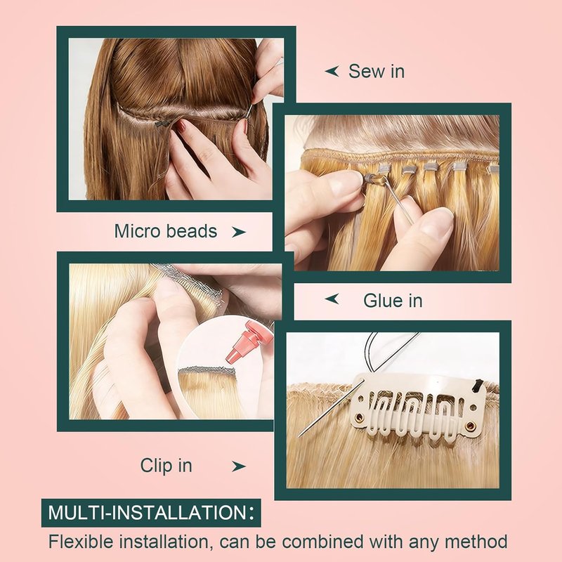 Human Hair Weft Extensions - Seamless Ash Blonde Highlights | 14 Inch, 70G Smooth Texture