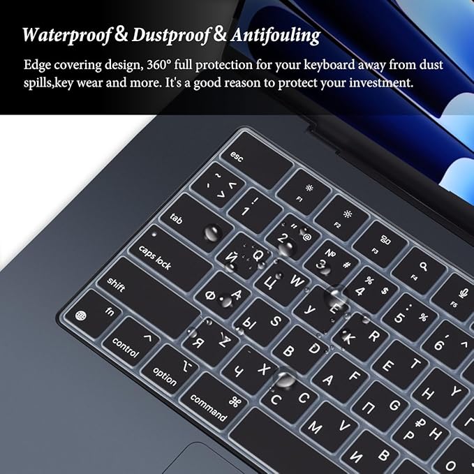 Russian Language Keyboard Cover Skin for 2026-2022 MacBook Air 15.3 inch A3448 A2941 A3114 A3241/MacBook Air 13.6 inch A3449 A3113 A2681 A3240 with M5 M4 M3 M2,MacBook Air Keyboard Protector-Black