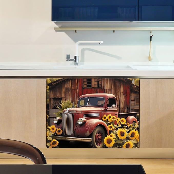 Farm Red Truck Dishwasher Magnet Cover Country Refrigerator Sticker for Kitchen Decor, Farmhouse Sunflower Magnetic Dishwasher Cover Panel, Reusable and Removable (23" W x 17" H Magnetic)