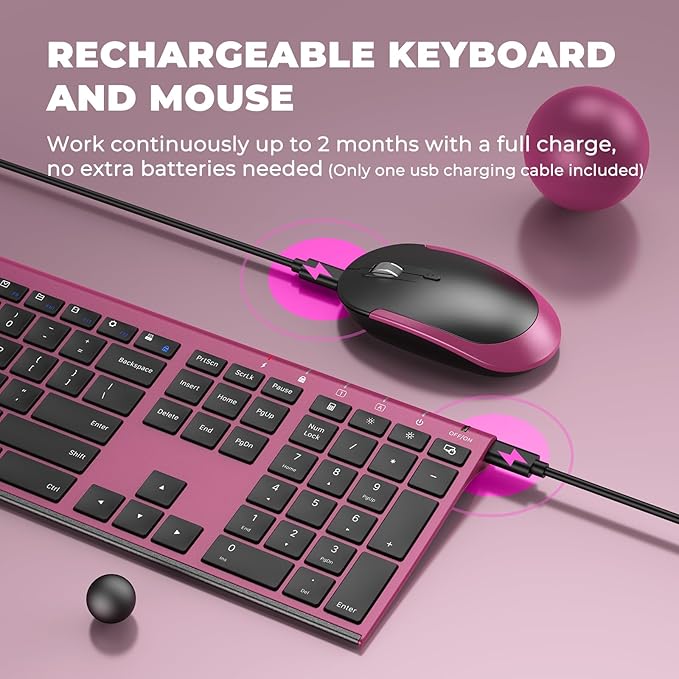 Rechargeable Compact Quiet Full-Size Keyboard and Mouse Combo with Nano USB Receiver for Windows, Laptop, PC, Notebook-Black and Red