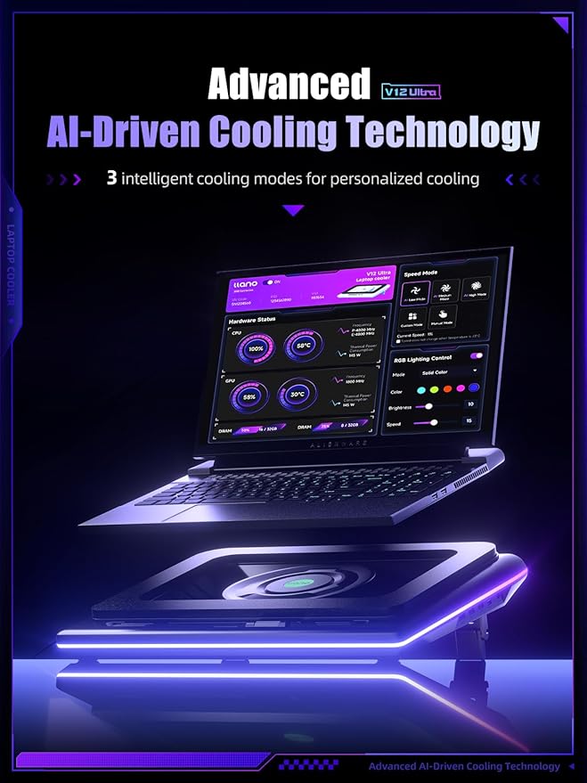 llano V12 Ultra Laptop Cooling Pad with Smart Software Control, RGB Gaming Laptop Fan Cooler Stand, 5.5" Turbo Fan, Adjustable Speed, 3-Port USB 3.0 Hub, 3 Height Stands, for 15.6"-19" Laptops, Black