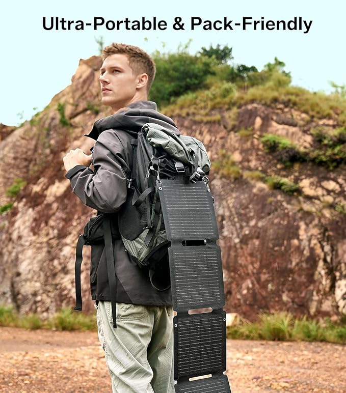 30W Solar Panel,Foldable Portable Solar Panel,25.4% High-Efficiency, USB-A and 2 USB-C Ports, Folding IP 68 Waterproof Solar Panels with Carabiners for Camping