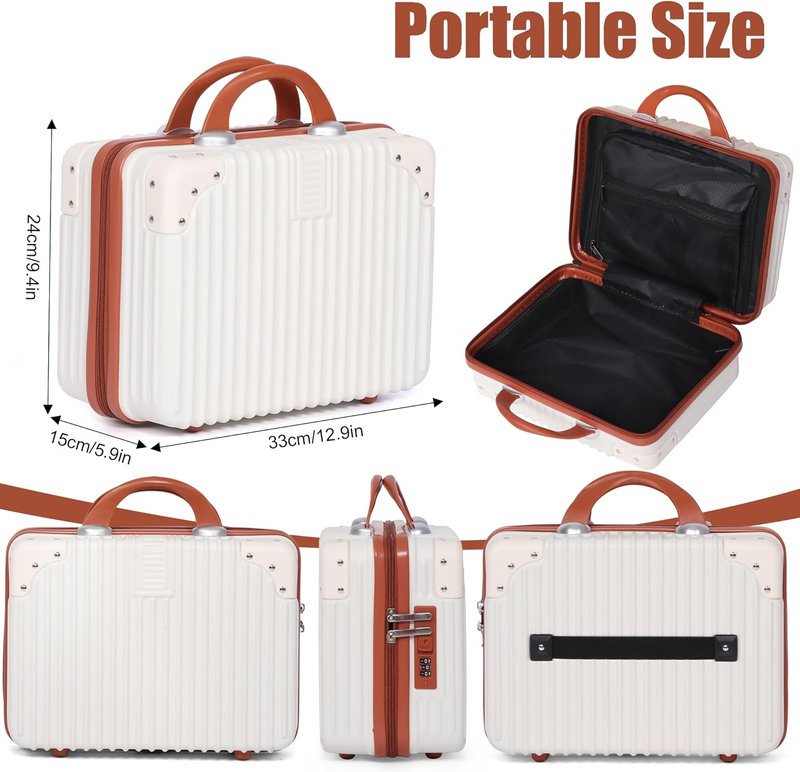 Portable 14-Inch Makeup Travel Case - Pressure-Proof Hard Suitcase with Elastic Band | Beige Toiletry Bag for Women