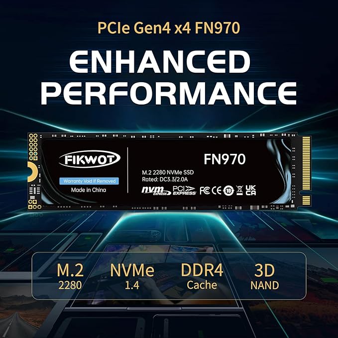 Fikwot FN970 1TB M.2 2280 PCIe Gen4 x4 NVMe 1.4 Internal Solid State Drive with Heatsink - Speeds up to 7,400MB/s, Configure DRAM Cache, Internal SSD