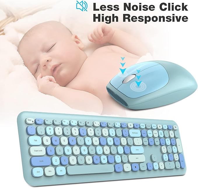 KNOWSQT Wireless Keyboard and Mouse Combo, Pale Blue Full-Sized 2.4G Silent Keycap Colorful Keyboards, USB Dongle Plug Play, Laptop, Windows, PC, Mac, Desktop