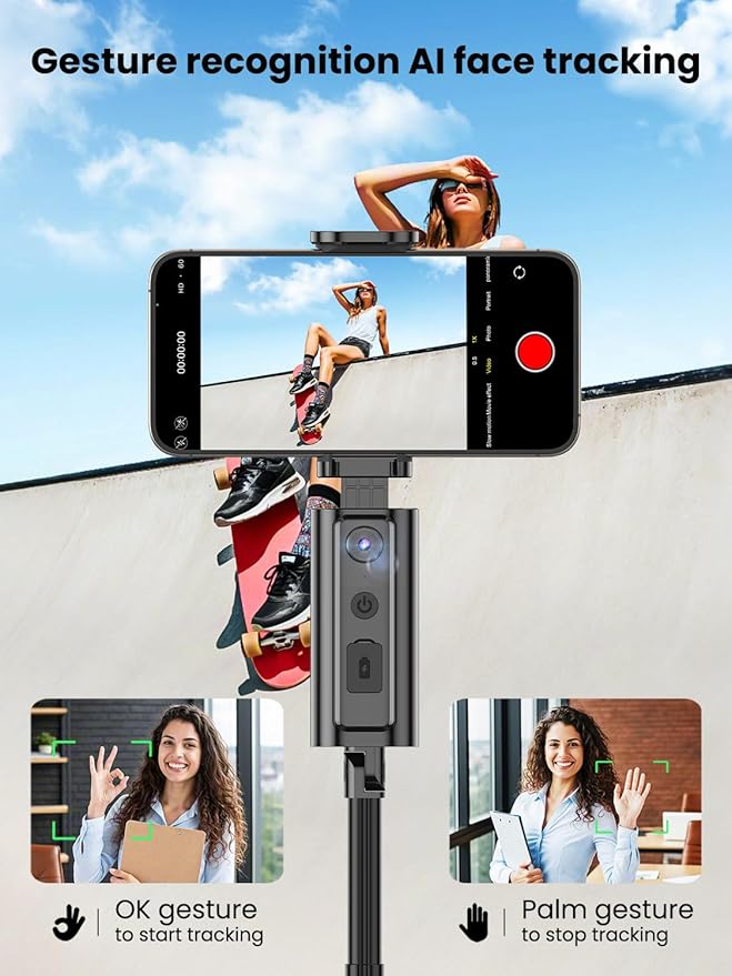AOCHUAN Auto Face TrackingTripod, w/Gesture Control for iPhone,Extendable Pole, 360° Rotating Selfie Stick,Wireless Remote,Video Recording 4-Leg Stable & Portable Tripod