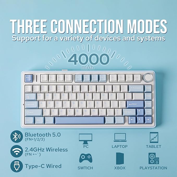 EPOMAKER x Aula F75 Gasket Mechanical Keyboard, 75% Wireless Hot Swappable Gaming Keyboard with Five-Layer Padding&Knob, BT/2.4GHz/USB-C, RGB (Sea Salt Blue, Ice Vein Switch)