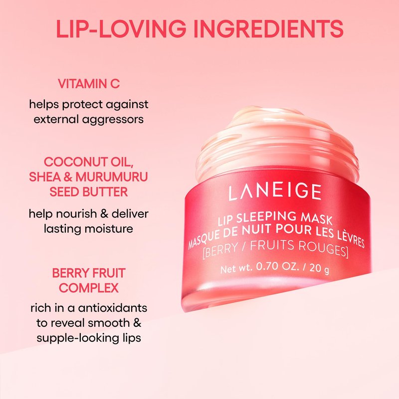 LANEIGE Lip Sleeping Mask: Hydrating & Nourishing Korean Overnight Lip Treatment Mask with Shea Butter, Vitamin C & Murumuru, Antioxidants For Flaky, Dry Lips | Korean Skin Care, Berry