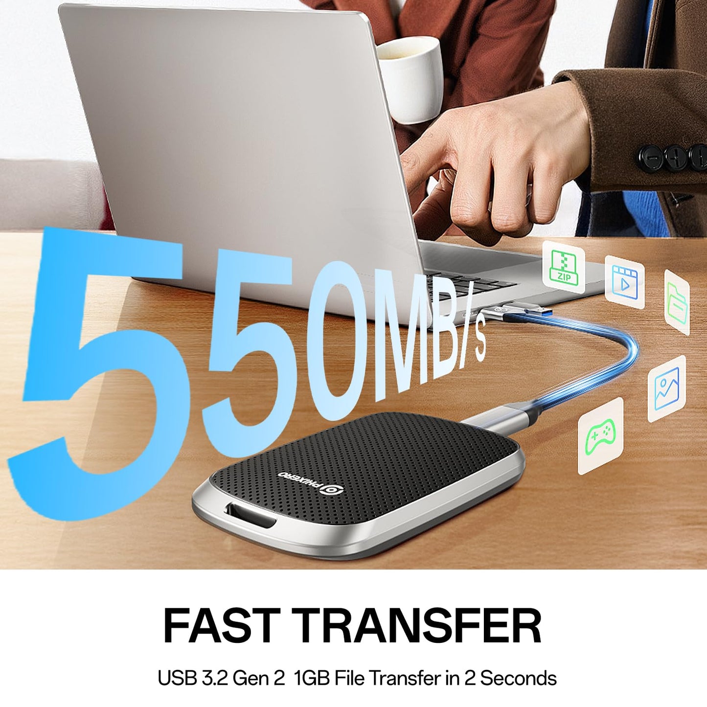 PHIXERO Portable Extern SSD 2TB Up to 550MB/s, USB 3.2 Gen 2 USB C to C&A for Smartphone/Tablet/PC/Laptop/Camera (Black)