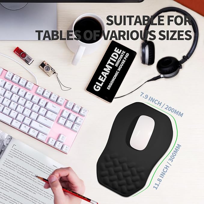 Gleamtide Ergonomic Raised Mouse Pad Wrist Support with Bilateral Slope Memory Foam Mousepad for Wrist Rest and Carpal Tunnel Pain Relief 11.8x7.9〃 Black