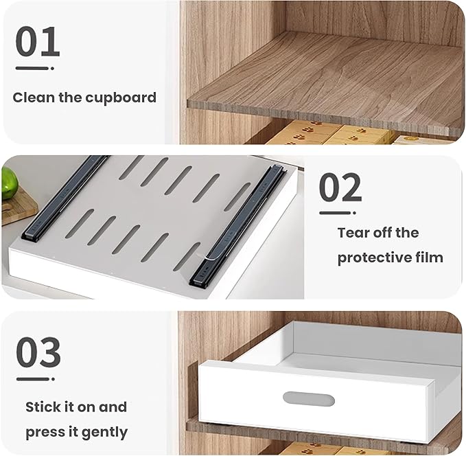 21'' Deep Cabinet Organizer, 10'' Wide Sturdy Carbon Steel Pull Out Drawers for Cabinets Adhesive, Pantry Storage Shelves for Kitchen, Bathroom and Living Room