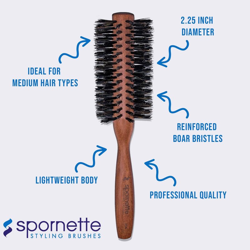 Spornette Italian Round Boar Bristle Brush - Large Round Brush for Blow Drying, Styling & Volumizing - Wooden Brush for Medium to Long Thick, Fine, Curly or Straight Hair (2.25 inch)
