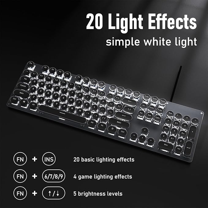 SEUNKWANG Typewriter Style Mechanical Gaming Keyboard with White Backlit, Wired Retro Punk Computer Keyboard Durable Metal Panel, Clicky Blue Switch, Round Keycaps, Full-size for PC/Desktop/Win, Black