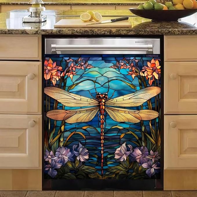 Dragonfly Dishwasher Magnet Cover, Stained Glass Window Home Magnetic Appliance Panel Decal, 23" W x 26" H, 1 Count
