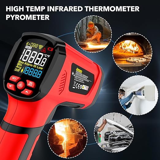 -40℉~2912℉ MESTEK Infrared Thermometer High Temperature Gun,50:1 Dual Laser Thermometer/K-Probe 14°F - 932°F, Digital Laser IR Temp Gun for Cooking,Pizza Oven, Engine, Kiln, Forging, Industrial Use ﻿