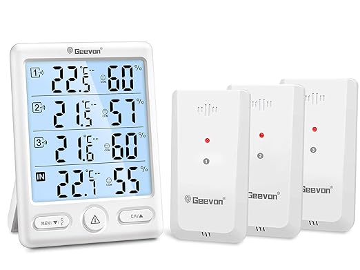 Geevon Indoor Outdoor Thermometer Wireless, 5-Inch Display Digital Hygrometer Thermometer Temperature Humidity Monitor with 3 Remote Sensors and Backlight, Battery-Powered