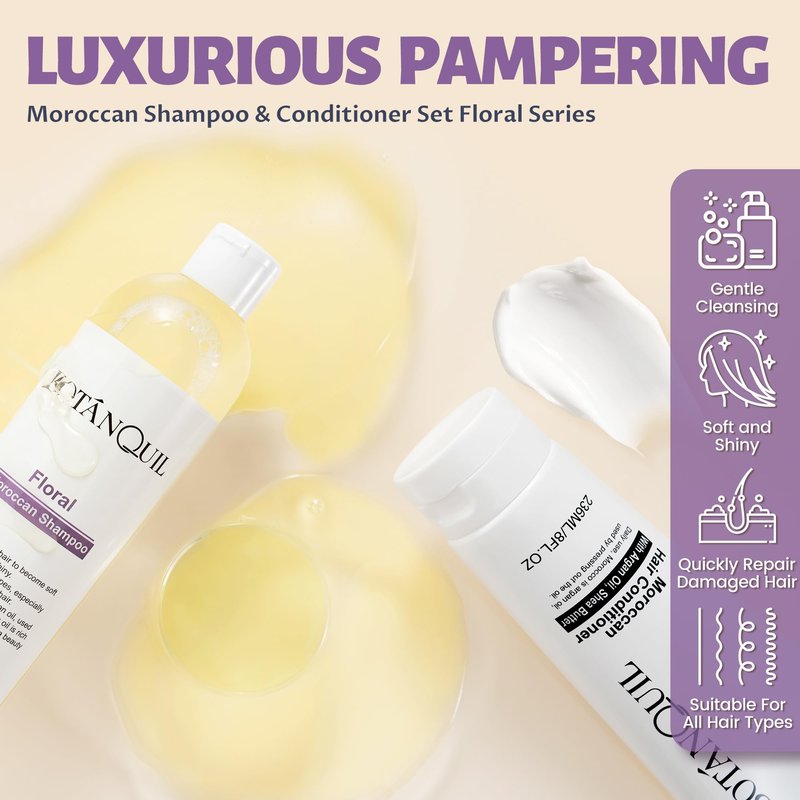 BOTANQUIL Moroccan Shampoo and Conditioner Set with Argan Oil, Shea Butter & Hyaluronic Acid Plant Based Gentle Cleansing for Dry, Damaged Hair, Hair Hydrating Anti Frizz- Floral Scent