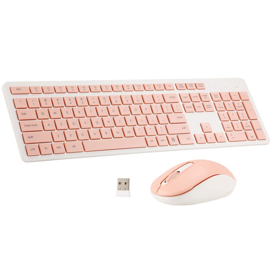 Wireless Keyboard and Mouse Combo, 2.4G Silent Cordless Keyboard Mouse Combo for Windows Chrome Laptop Computer PC Desktop, 106 Keys Full Size with Number Pad, 1600 DPI Optical Mouse (Pink)