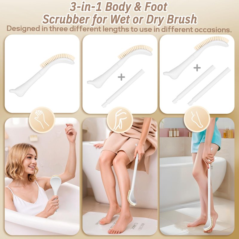 GEENOA New Foot Brush & Back Scrubber Set 2PCS, 10.2''- 27.5'' Adjustable Foot Scrubber for Shower, 18.9'' Shower Back Scrubber with 3-Length Usage, Great Aid for People with Limited Mobility(White)