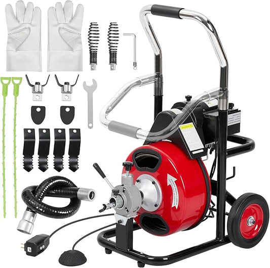 75Ft x 1/2Inch Drain Cleaner Machine, Portable Electric Drain Auger Cleaner with 6 Cutters & Gloves, Drain Cleaning Machine Fits 1" to 4" Pipes