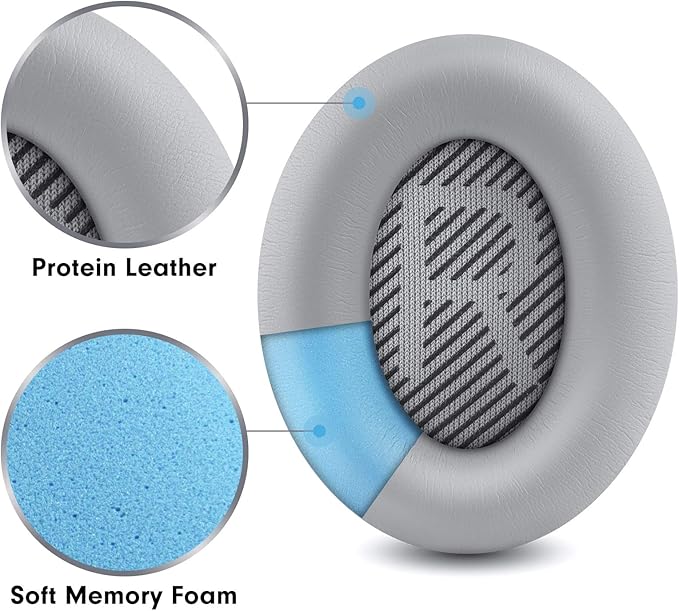 HZTCAM Professional Replacement Ear Pads for Bose QuietComfort 35 QC15 QC25 QC2 QC35/ Ae2 Ae2i Ae2w SoundTrue & SoundLink Over-Ear/Around-Ear Headphones/Soft Protein Leather (Silver)