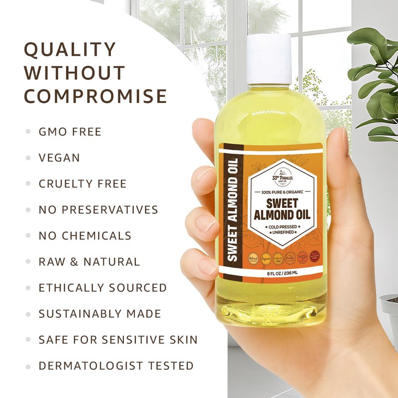 ORGANIC SWEET ALMOND OIL (32 oz) Premium Cold Pressed Unrefined | 100% Pure Sweet Almond Oil for Skin, Face, Hair, Soap Making | Carrier for Essential Oils | Available in Bulk | 32 FL OZ