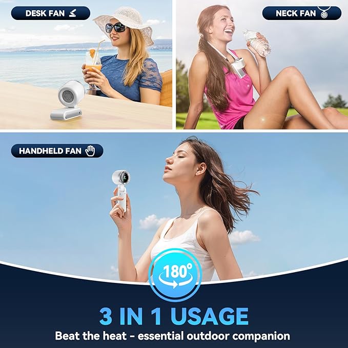 PlayHot Portable Handheld Turbo Fan, 5 Gear Wind, USB-C Rechargeable Fan, Up to 12 Working Hours, 3 IN 1 Hand Fans with Air Turbo Tech Cooling Fan for Outdoor Activities, Travel, Beach (White)