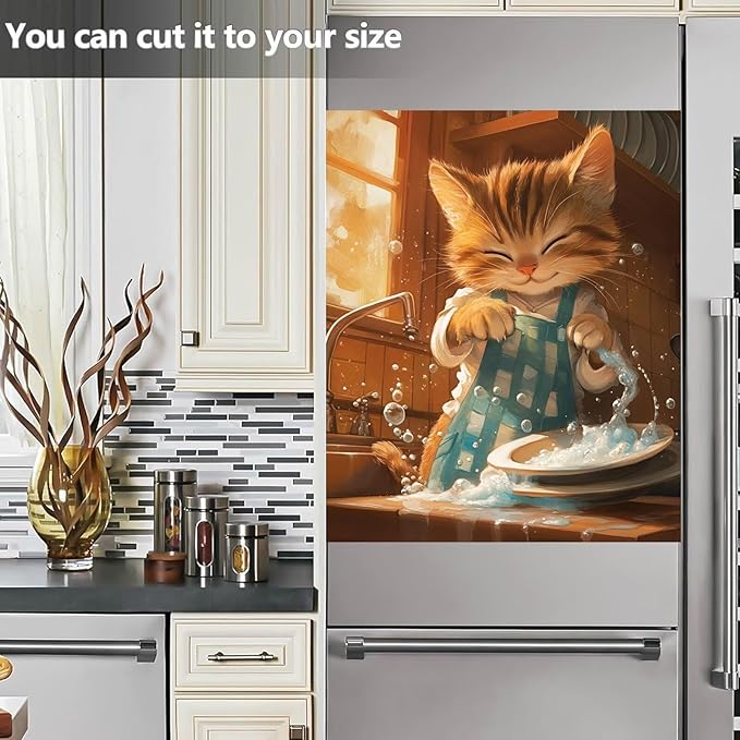 Cute Cat Magnetic Dishwasher Panel Decal Home Appliance Cover, Kitten Refrigerator Magnet Cover Decals, Animal Cat Dishwasher Cover Magnetic Dishwasher Sticker, Reusable (23" x 26")
