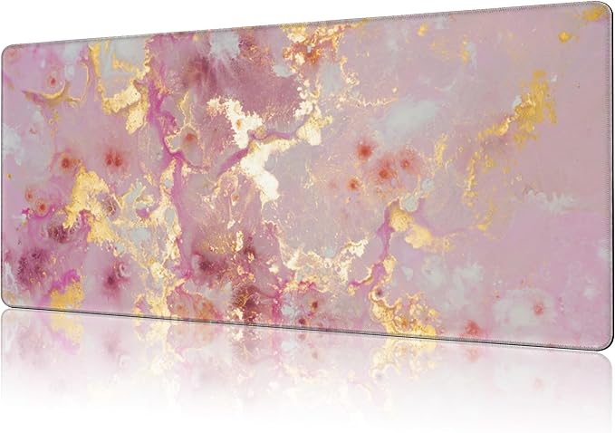 NIYLYNSYN Mouse Pad Large Pink and Gold Marble Non-Slip Gaming Desk Mat with Stitched Edge Laptop Keyboard Desk Pad for Work Home Gaming (35.4 x 15.7 Inches)
