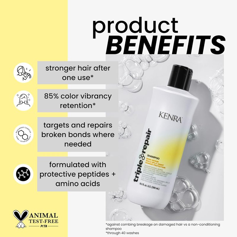 Kenra Triple Repair Shampoo - Strengthens Weak Bonds & Repairs Damaged Hair | Sulfate-Free Formula