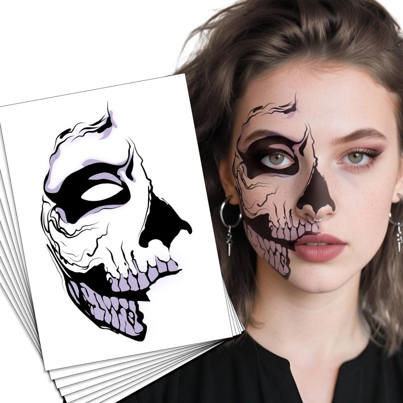 Halloween Scary Ghost Temporary Makeup Stickers Half Face Tattoo Patches Skeleton Eyeshadow Eyeliner Tattoos Zombie Decorations for Women Men Prank Cosplay Makeup Decals