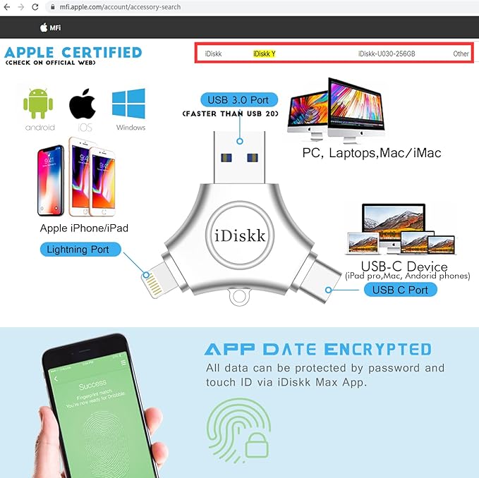 iDiskk 256GB MFi Certified USB Flash Drive for iPhone 14/15/16/17, USB C Photo Stick for iPad Pro Android Samsung, iPhone Memory Storage to auto Backup Videos/Photos/Files for iPhone/Android Phone/PC