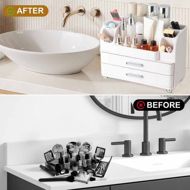 Dozesheep Large Makeup Organizer Countertop with Drawers, Make Up Organizer for Vanity, Makeup Storage Organizer Countertop Makeup Organizers for Skincare, All White