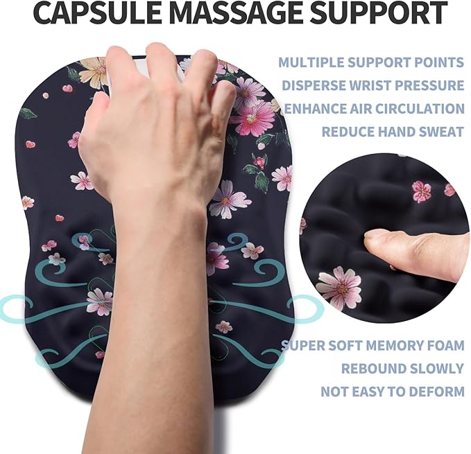 Gleamtide Ergonomic Raised Mouse Pad Wrist Support with Bilateral Slope Memory Foam Mousepad for Wrist Rest and Carpal Tunnel Pain Relief 11.8x7.9〃Flowers Bloom and Fade