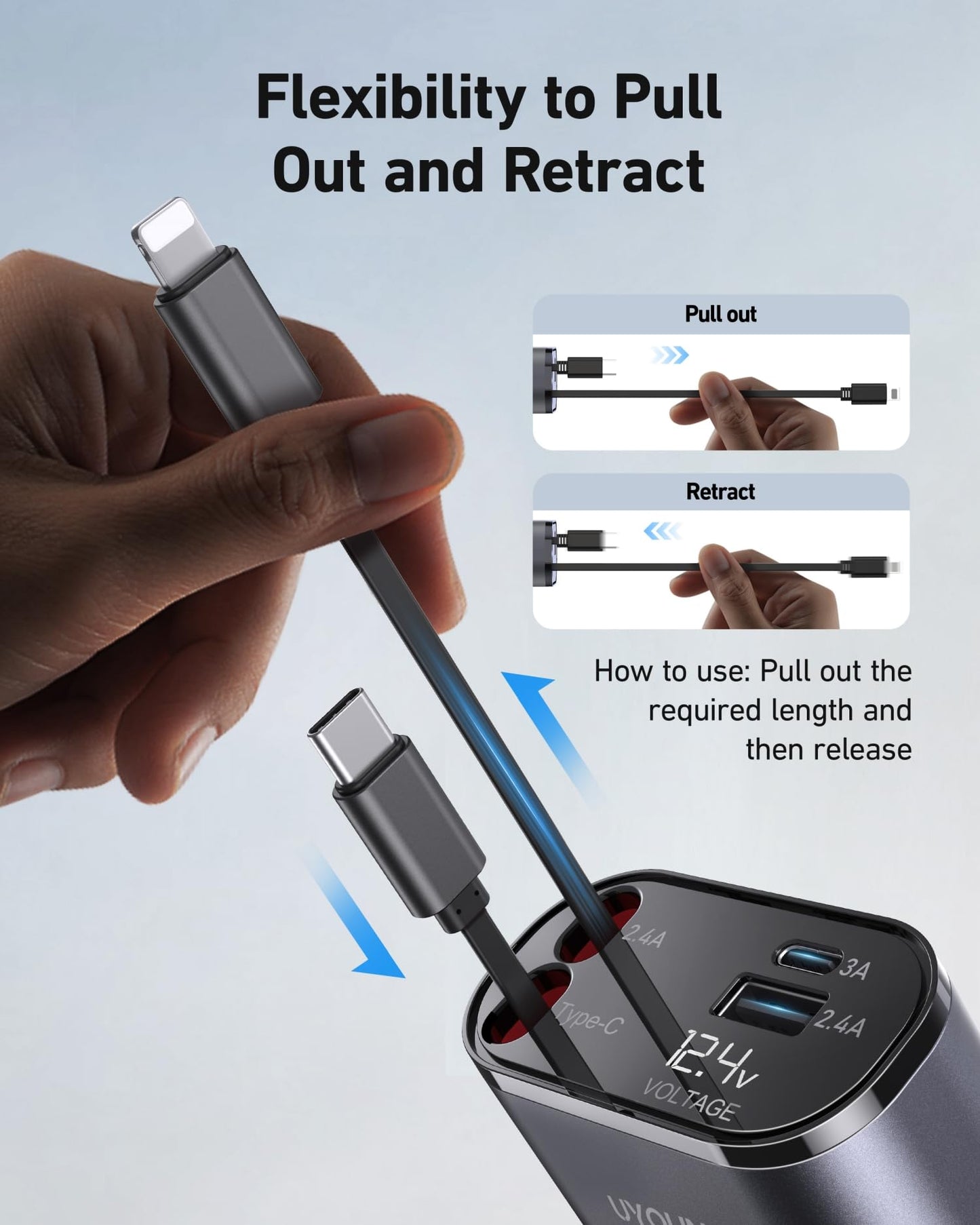 Car Phone Charger Adapter 2Pack Retractable Car Charger 4in1 Fast Charging Dual Retractable Cables 31.5 Inch Multiple Ports Charging Station Compatible with iPhone 17/16/15/14/13/12/11 Pro Max/Samsung