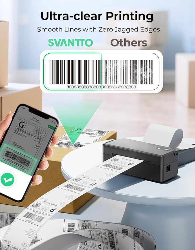 SVANTTO Bluetooth Thermal Label Printer, 4x6 Shipping Label Printer for Small Business, Compatible with iOS, Android, Windows, Mac, Amazon, Shopify, USPS, UPS, Etsy, Black