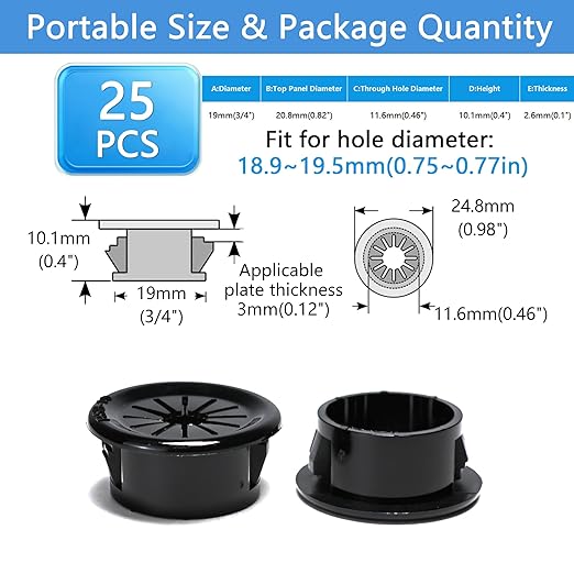 BOPOREAE 25 Pcs Cable Grommet, Snap Bushing 3/4" (19 mm) Mounting Diameter, Flexible Petal-Shaped Buckle Round Nylon Desk Grommet for Wires Through Countertop Cord Organizer and Protection, Black
