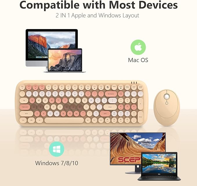 KNOWSQT Wireless Keyboard and Mouse Combo, Light Milktea 100 Keys 2.4 GHz Round Keycap Typewriter Keyboards, USB Receiver Plug and Play, for Windows, PC, Laptop, Mac, Desktop