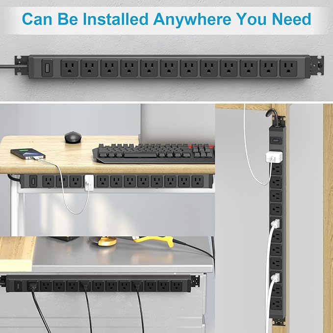 HHSOET 360° Rotating 12 Outlet Mountable Power Strip, Aluminum Alloy Long Power Strip,1200J, Heavy Duty Wall Mount Surge Protector with Switch, 3ft Power Cord